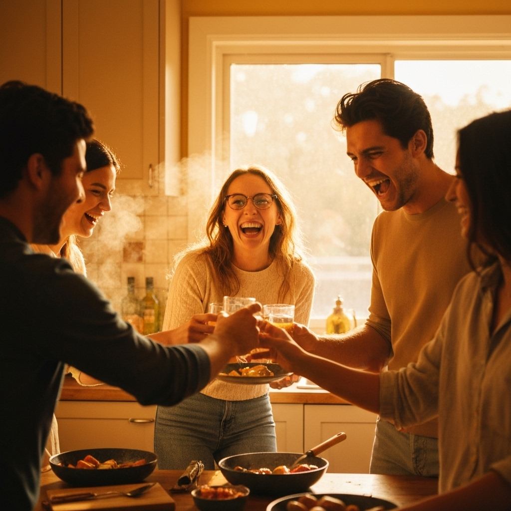 Friends cooking and dining together in a warm kitchen.